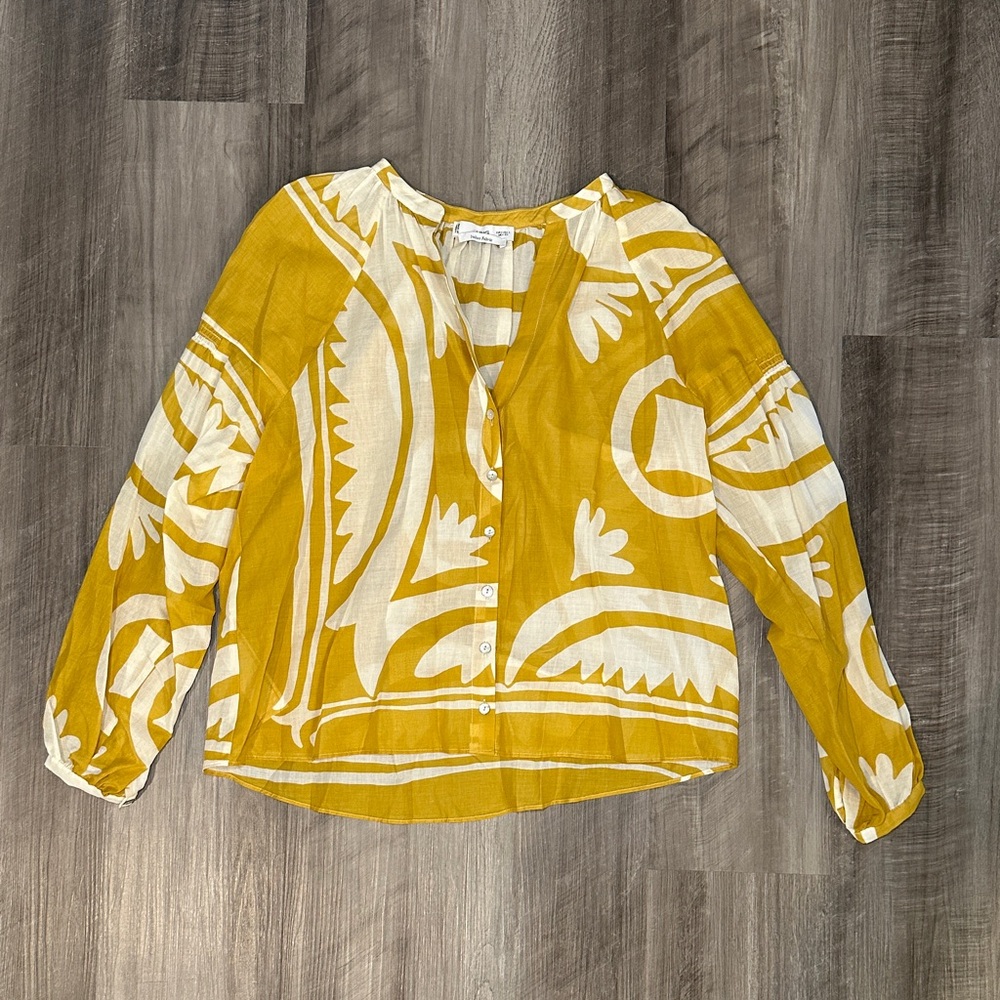 Mango Puff Sleeve Deep V-Cut Printed Italian Fabric Button Down Blouse - 4